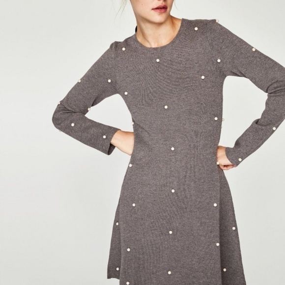 Zara Skater dress with Pearl beads gray grey S small NWT - Picture 8 of 8